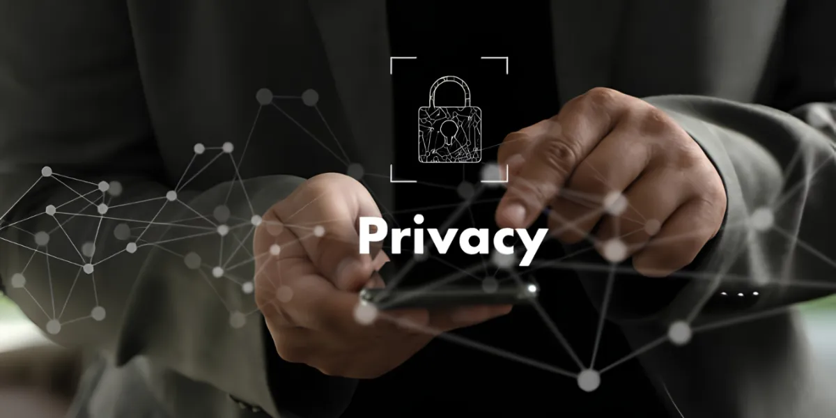 A person in business attire holding a smartphone, with a padlock icon inside a scan frame and a connected network graphic overlaid on the image alongside the word 'Privacy', representing online data protection