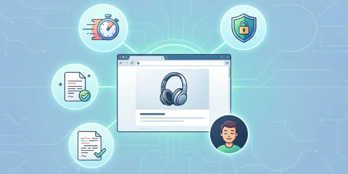 Illustration of a browser window displaying a product page, surrounded by icon bubbles for speed, security, quality content, and a satisfied user, connected by lines over a light circuit-pattern background